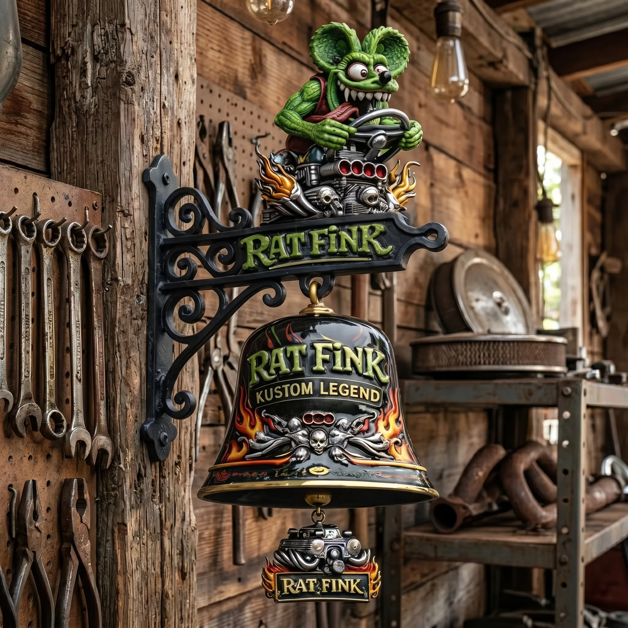 Rat Fink Kustom Legend Doorbell Hot Rod Garage Decor Man Cave Wall Mounted Bell Mechanic Gift